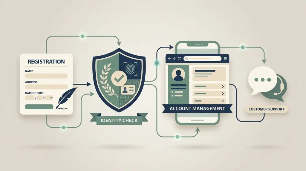 Neutral account lifecycle illustration with sign-up form, identity check, mobile browser and live chat elements