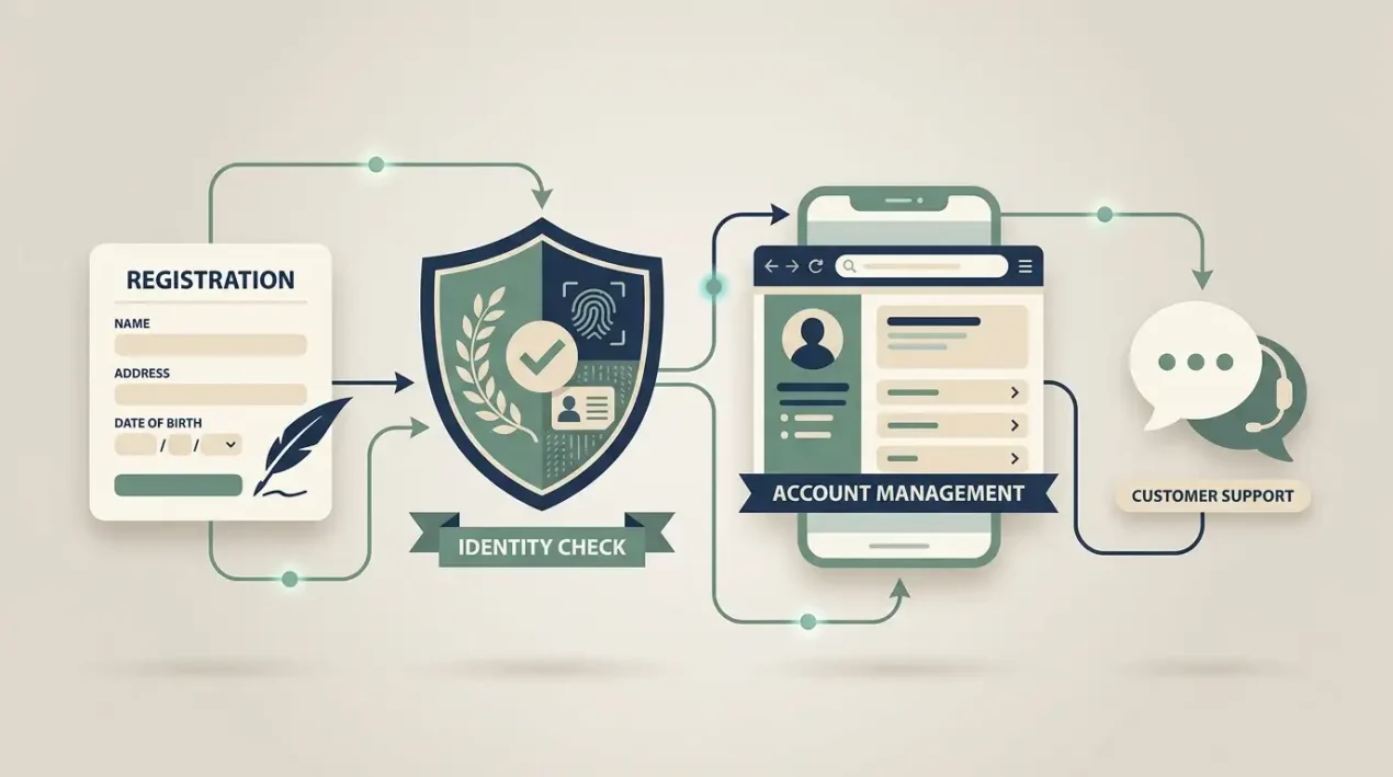 Neutral account lifecycle illustration with sign-up form, identity check, mobile browser and live chat elements