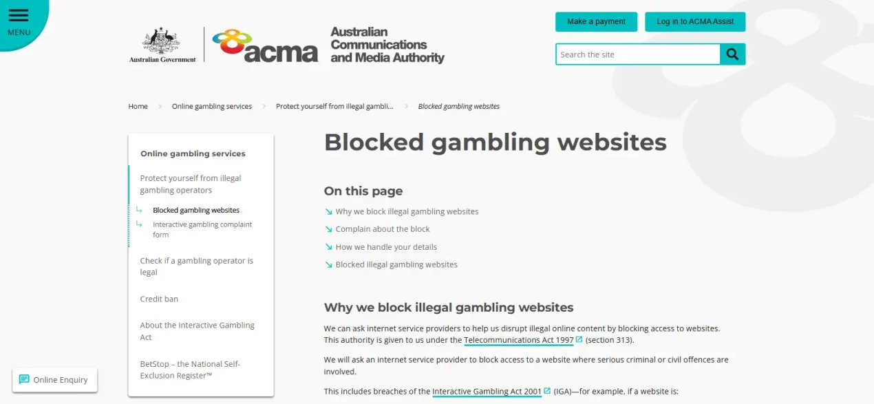 ACMA blocked gambling websites page showing the Australian regulator's online gambling enforcement context