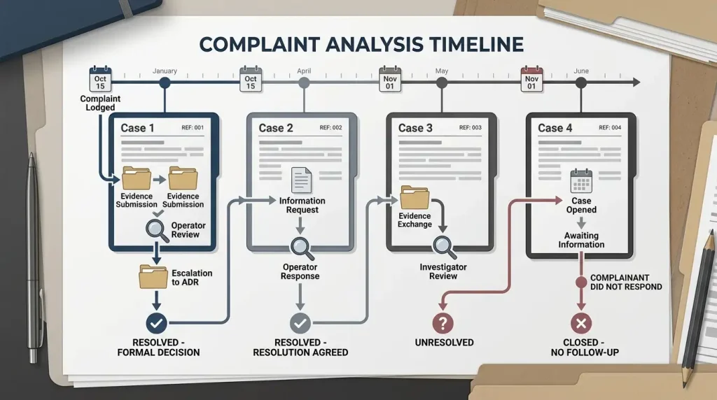 Editorial complaint case-file timeline showing dates, status, evidence and operator-response checkpoints