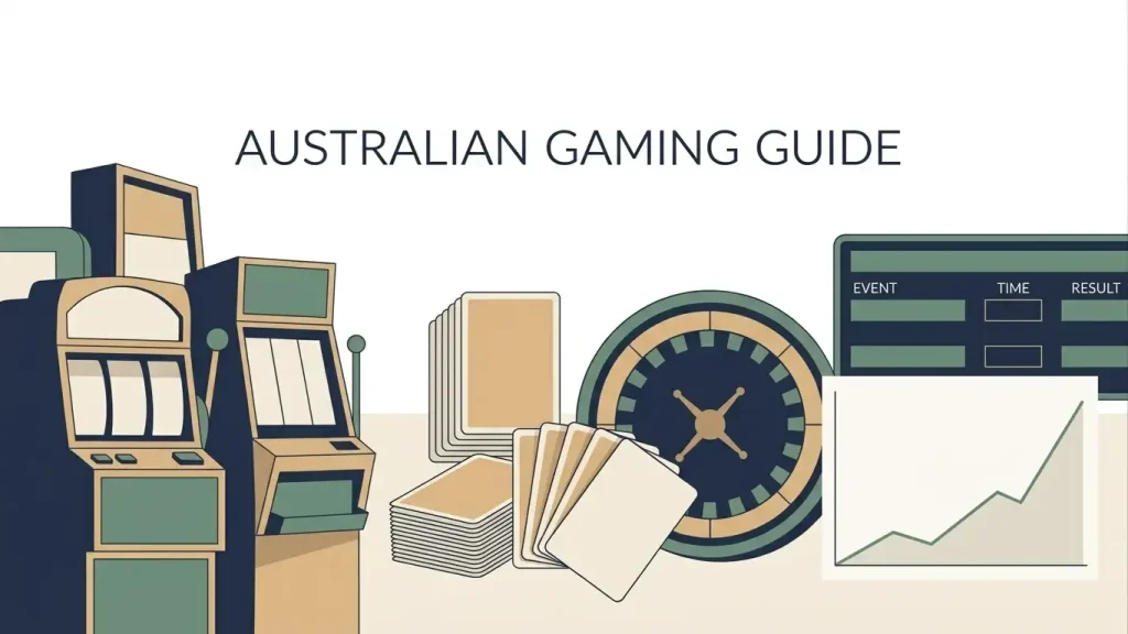 Editorial illustration of pokies, live table cards, roulette and sportsbook score elements