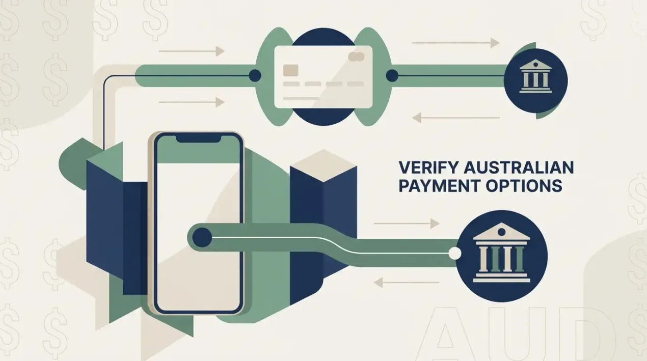 Editorial illustration of Australian bank transfer, PayID-style payment, card and AUD payment concepts