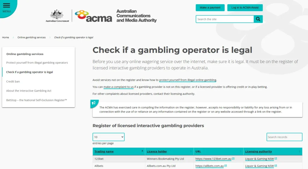 ACMA licensed interactive gambling provider register used to check whether AussieBT has an Australian licence entry