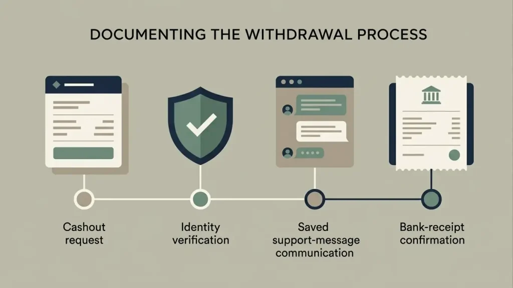 Editorial cashout evidence timeline with withdrawal request, identity check, support messages and bank receipt checkpoints