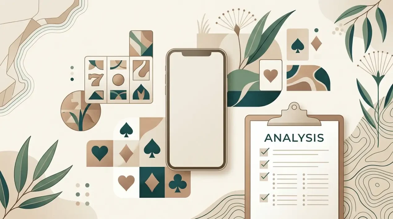 Editorial illustration of an Australian online casino review with phone, game tiles, cards and verification checklist motifs