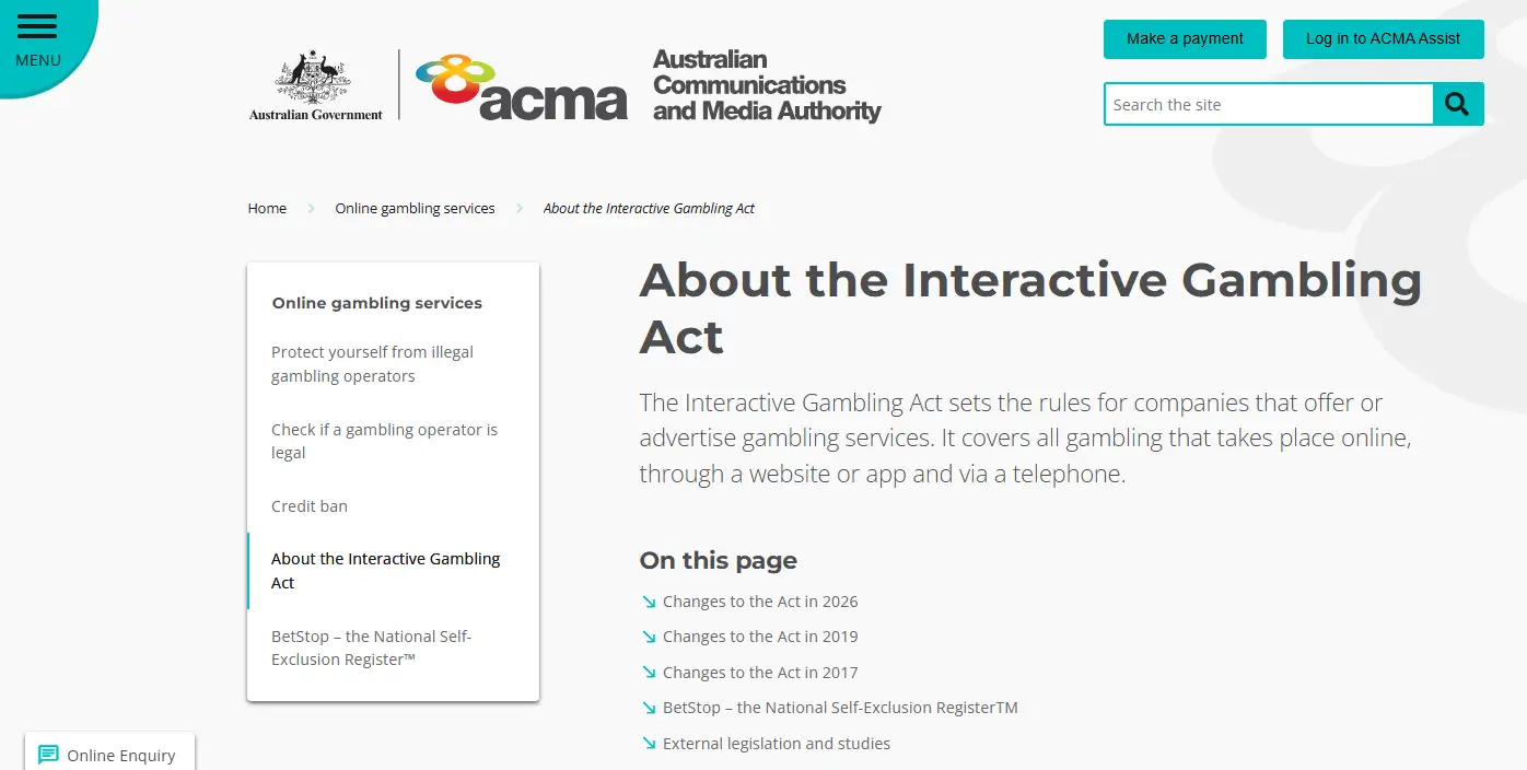 ACMA online gambling information explaining the Interactive Gambling Act and prohibited online casino services